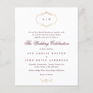 Budget Classic Burgundy & Navy monogram bröllop Flygblad