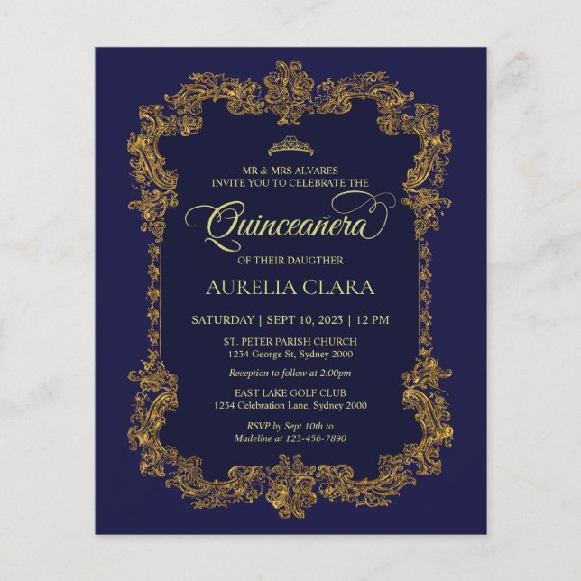 Budget Classic Elegant Navy Blue Guld Quinceanera (Framsida)