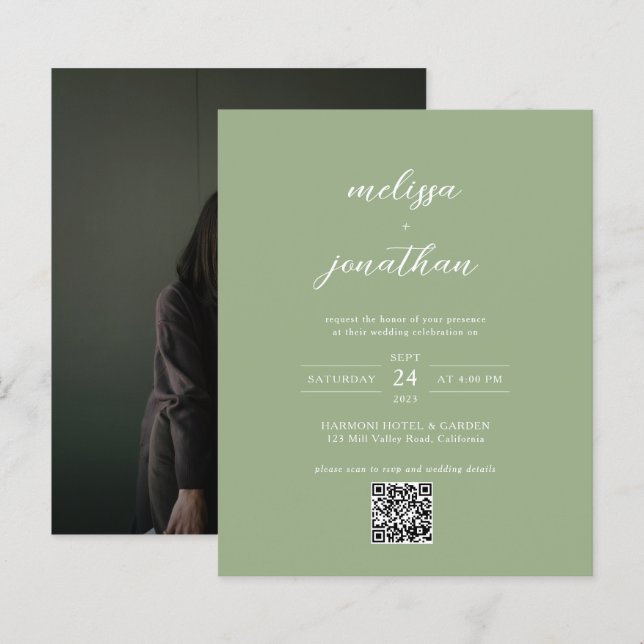 BUDGET Classic Sage Green Photo QR Code Wedding (Fram/baksida)