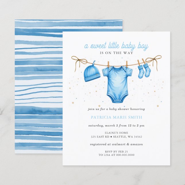 Budget Clothesline Blue Boy Baby Shower invitation (Fram/baksida)
