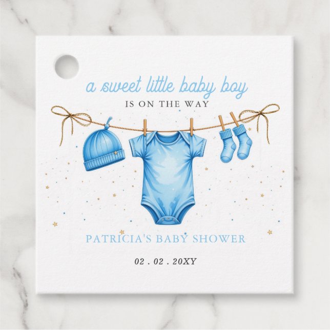 Budget Clothesline Blue Boy Baby Shower invitation Gåvor Etiketter (Framsida)