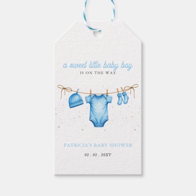 Budget Clothesline Blue Boy Baby Shower invitation Presentetikett (Framsidan)
