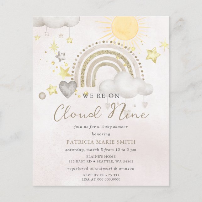 Budget Cloud Nine Boho Baby Shower Invitation (Framsida)