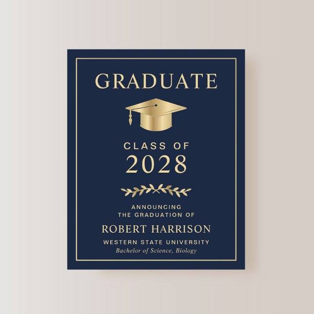 Budget College Blå Guld Examen Inbjudan (An elegant college graduation announcement to celebrate the graduate's achievements)