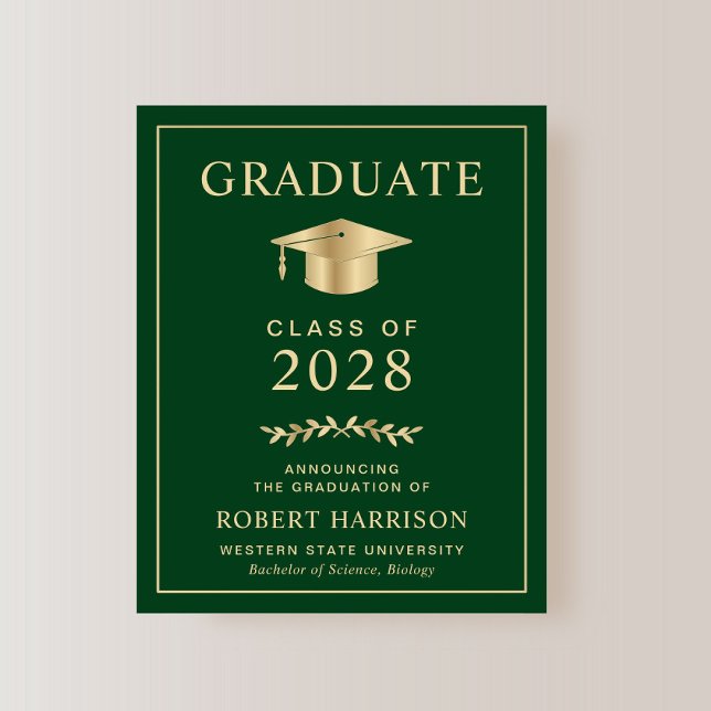 Budget College Grönt Guld Examen Inbjudan (An elegant college graduation announcement to celebrate the graduate's achievements)