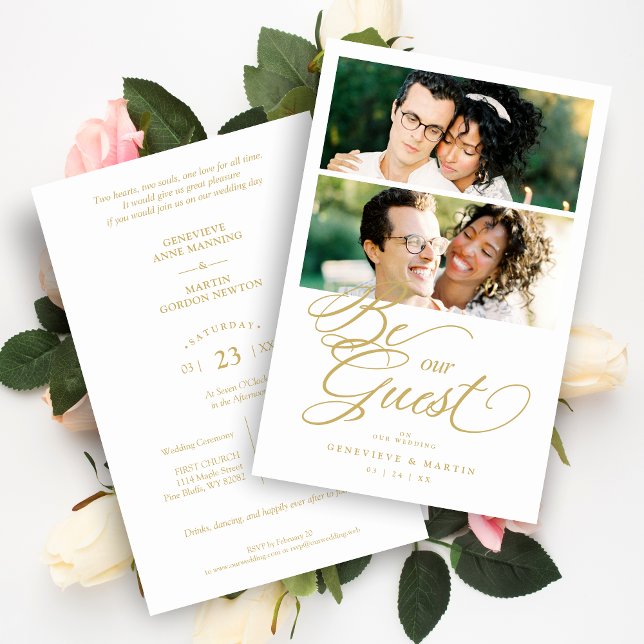 Budget Coola Snazzy Fake Golden 2 Photos Collage (Cheap Inexpensive Cool Snazzy Fake Golden 2 Photos Collage Wedding Invitation Card with Envelope.)