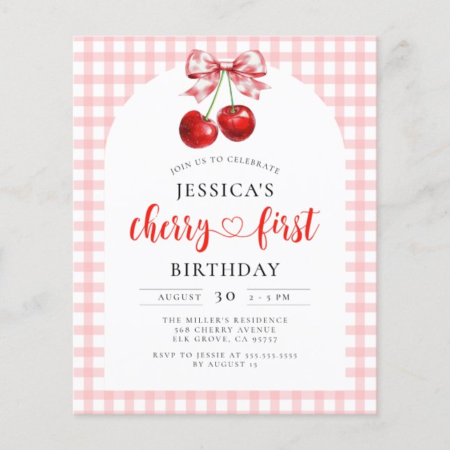 Budget Coquette Cherry First Birthday-inbjudan (Framsida)