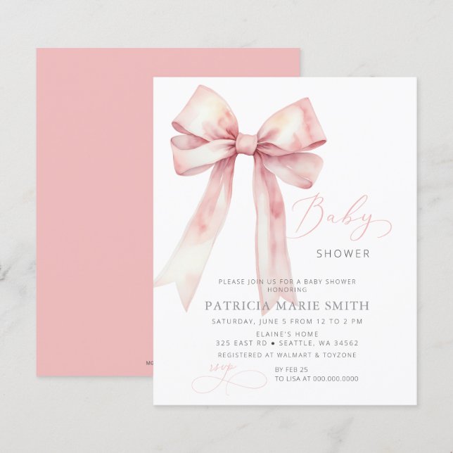 Budget Coquette Rosa Bow Girl Baby Shower (Fram/baksida)