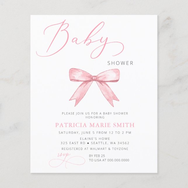 Budget Coquette Rosa Bow Girl Baby Shower (Framsida)