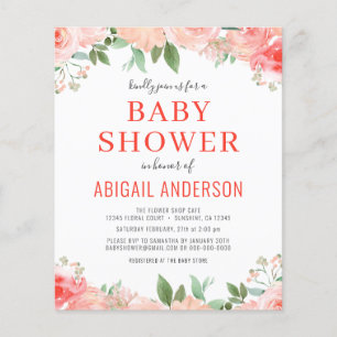 Budget Coral Blommigt Baby Shower-inbjudan Flygblad
