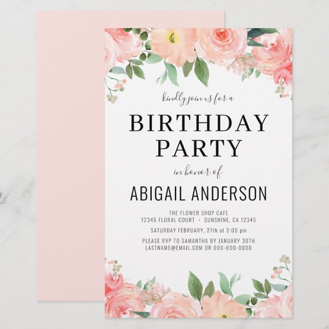 Budget Coral Blommigt Girly Birthday-inbjudan (Fram/baksida)