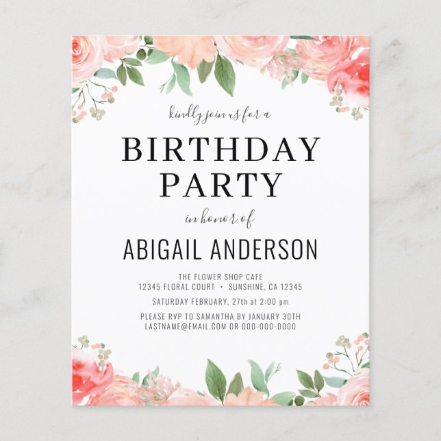 Budget Coral Blommigt Girly Birthday-inbjudan Flygblad (Framsidan)