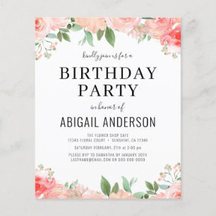 Budget Coral Blommigt Girly Birthday-inbjudan Flygblad