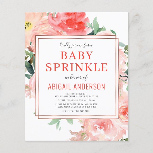 Budget Coral Blommigt Peach Baby Sprinkle-inbjudan Flygblad (Framsidan)