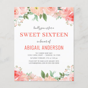 Budget Coral Blommigt Sweet 16 Birthday Call Flygblad