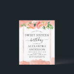 Budget Coral Fersken Blommig Sweet Sixteen Inbjuda<br><div class="desc">Budget Rose Guld Geometrisk med Coral,   Fersken och vit Blommig och Eucalyptus Grönska Botanisk Vår eller Sommar Pastell Sweet Sixteen (16:e) Födelsedagsfirande - inkluderar vacker och elegant skript typografi med moderna botaniska blommor och grönska för den speciella födelsedagsfirandet.</div>