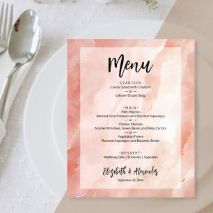 Budget Coral Guld Marble Bröllop Menu Flygblad