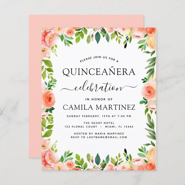 Budget Coral Peach Blommigt Quinceañera-inbjudan (Fram/baksida)