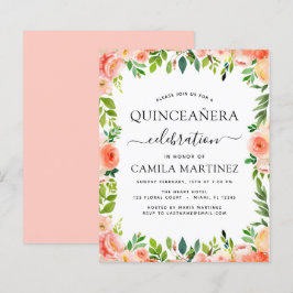 Budget Coral Peach Blommigt Quinceañera-inbjudan