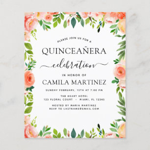 Budget Coral Peach Blommigt Quinceañera-inbjudan Flygblad