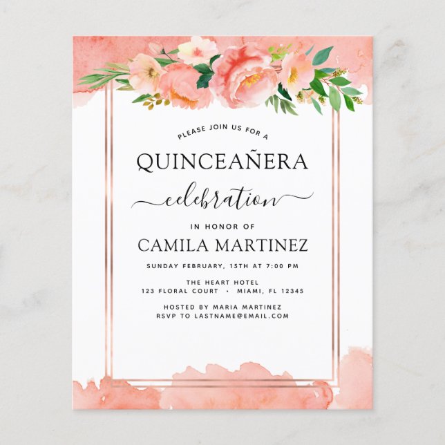 Budget Coral Peach Blommigt Quinceañera-inbjudan Flygblad (Framsidan)