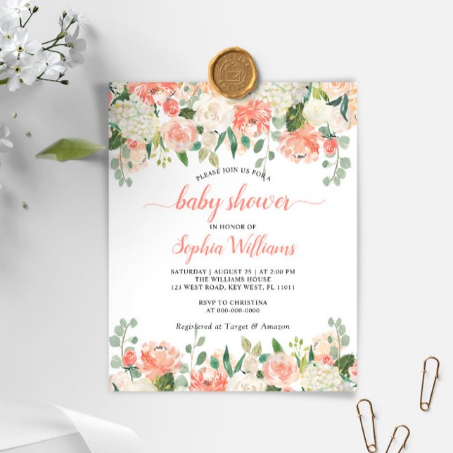 Budget Coral & Vit ros Baby Shower-inbjudan (Skapare uppladdad)