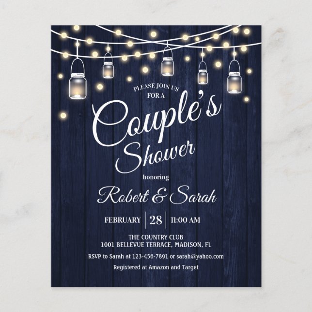 Budget Couples Shower Navy Rustic Wood-inbjudan Flygblad (Framsidan)
