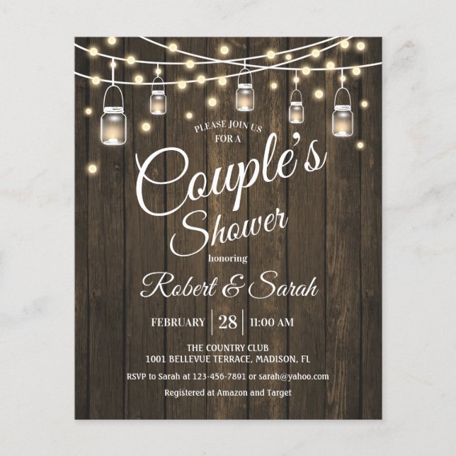 Budget Couples Shower Rustic Wood-inbjudan Flygblad (Framsidan)