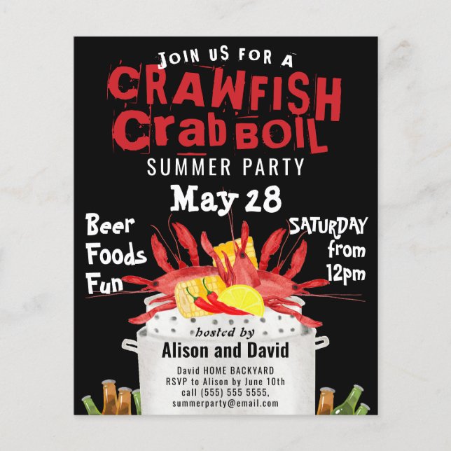 BUDGET Crab Kräftor Boil Summer Party bjudan Flygblad (Framsidan)