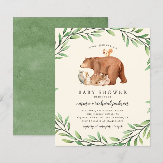 Budget Cream Greenery Skogsdjur Baby Shower (Fram/baksida)