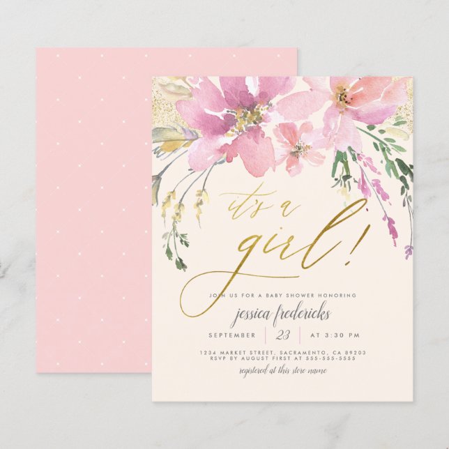 Budget Cream  & Guld Girl Blommigt Baby Shower (Fram/baksida)