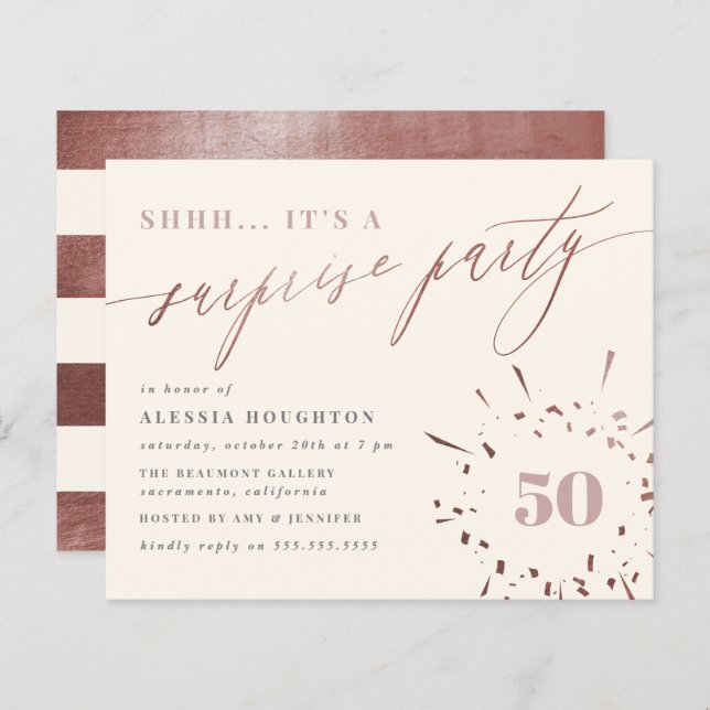 Budget Crème & Rose Guld Script Överraskningsfest (Fram/baksida)