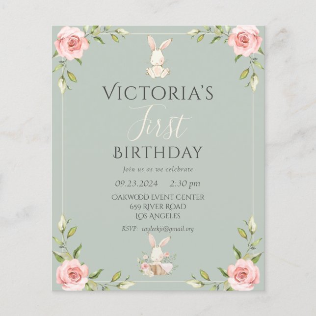 Budget Cute Bunny 1:a födelsedagsinbjudan Flygblad (Framsidan)
