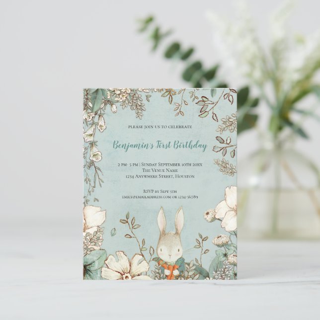 Budget Cute Bunny Foliage 1st Birthday Boy Inbjuda (Stående Fram)