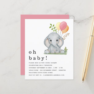 Budget Cute Elephant Rosa Girl Baby Shower Inbjuda