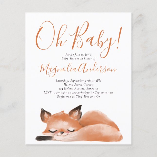 BUDGET Cute Fox Oh Baby Shower-inbjudan (Framsida)