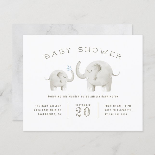 Budget Cute Grått Watercolor Elephant Baby Shower (Fram/baksida)