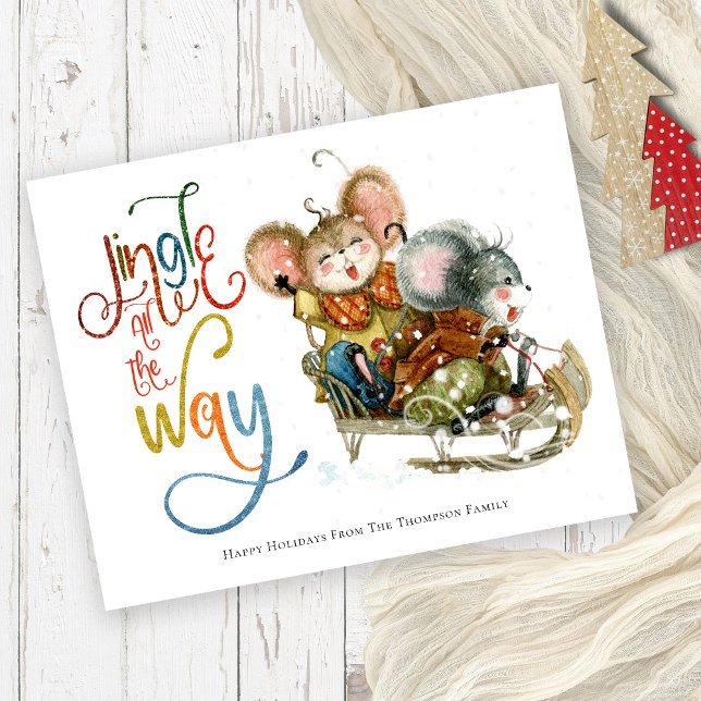 Budget Cute Mice Sleigh Jingle hela vägen Glitter (Budget price smaller 4.5 x 5.6" semi gloss cute mice christmas card)