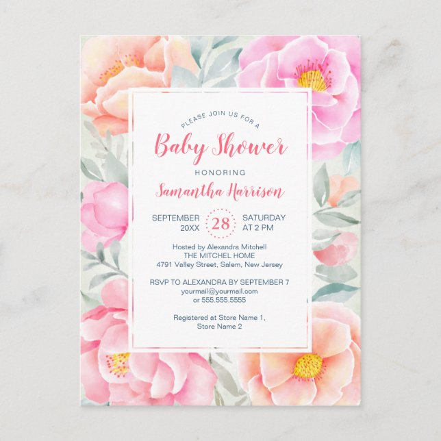 Budget Cute Peonies Ro Rosa Blommigt Baby Shower Inbjudan Vykort (Framsida)