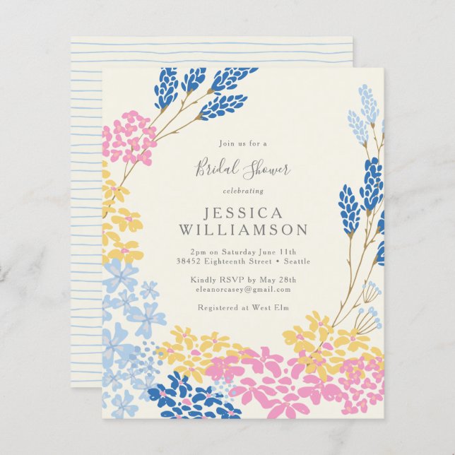 Budget Cute Rosa Blue Blommigt Möhippa Inbjudan (Fram/baksida)