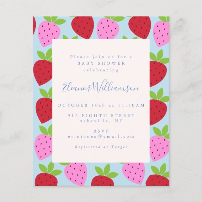 Budget Cute Rosa Blue Strawberry Fruit Baby Shower (Framsida)