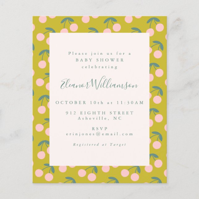 Budget Cute Rosa Grönt Cherry Fruit Baby Shower (Framsida)