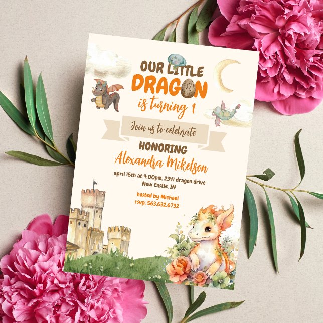 Budget Cute Watercolor Dragon Baby 1:a födelsedag (Create Magic with Cute Watercolor Dragon Baby 1st Birthday Invitation )
