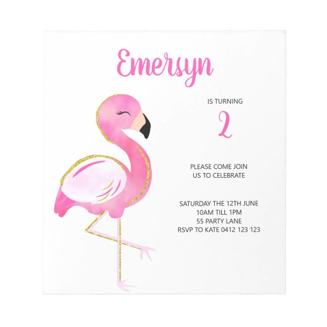 BUDGET Cute Watercolor Flamingo Rosa bjudande in Anteckningsblock (Framsida)
