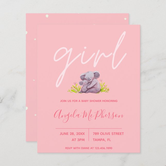 Budget | Cute Watercolor Koala Baby Shower Inbjuda (Fram/baksida)