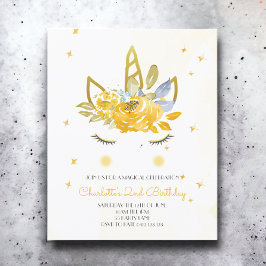 BUDGET Cute Watercolor Unicorn-inbjudan till Gult