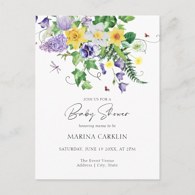 Budget Daffodils och Wildblomma Baby Shower Vykort (Framsida)
