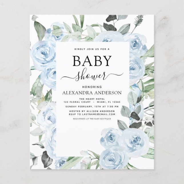 Budget Damblå Baby Shower Blommig Grönska Flygblad (Framsidan)