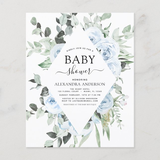 Budget Damblå Baby Shower Floral Greenery Flygblad (Framsidan)