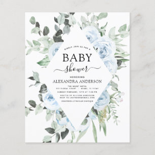 Budget Damblå Baby Shower Floral Greenery Flygblad
